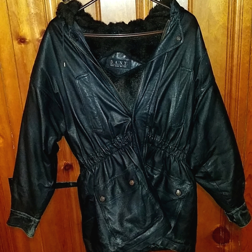 Women's Direct Access New York. black leather coat hooded size m